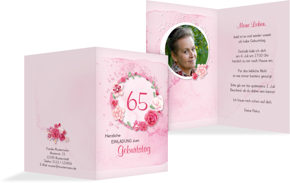 Einladung zum 65. Geburtstag Aquarell Rosen Foto Kartenmanufaktur
